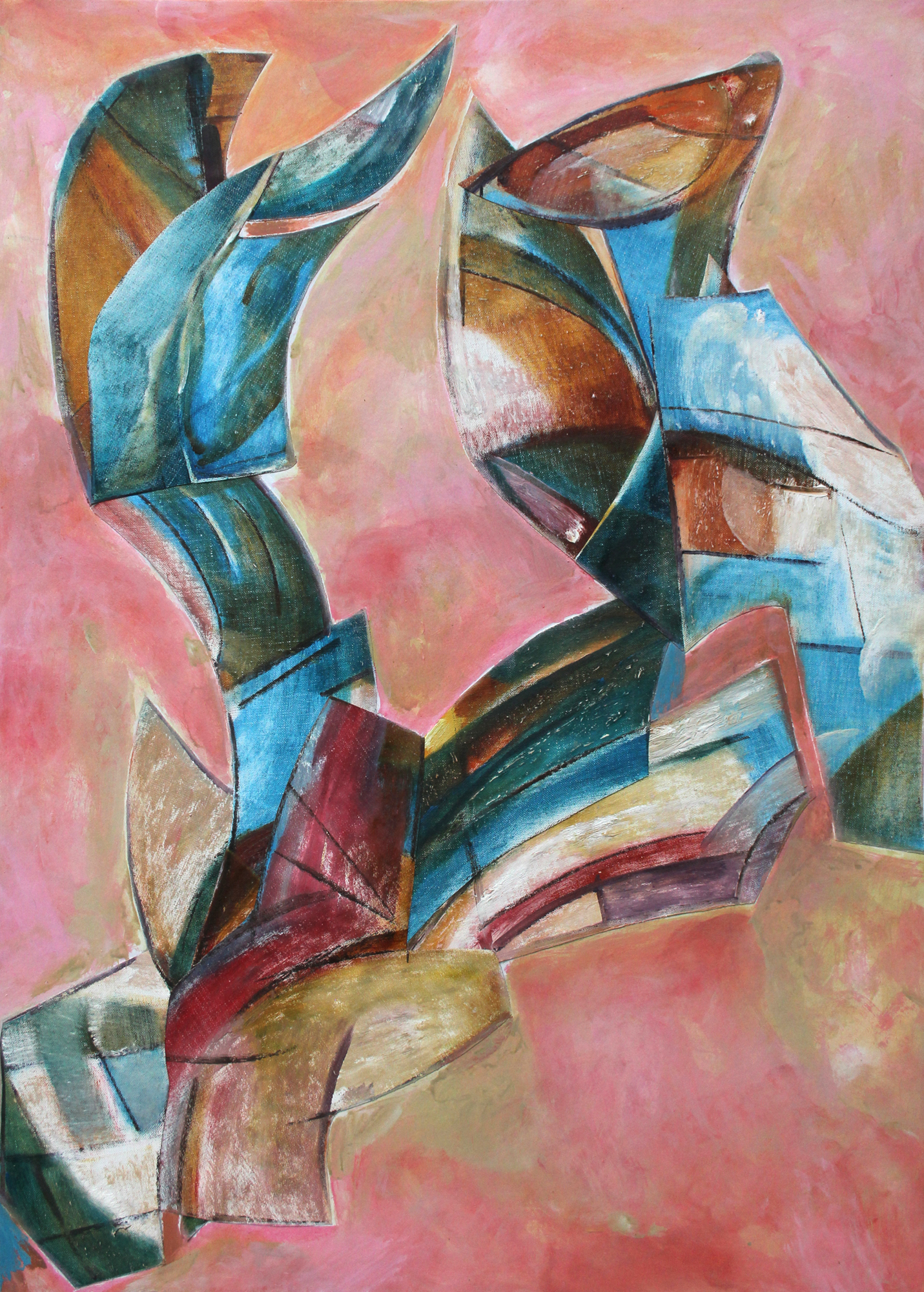 MAGIC RIDE, a collage in Oil and acrylic on gray cardboard from the Cutting the Edge Series, 100 x 70 cm, Artist Isabella Scharf-Minichmair