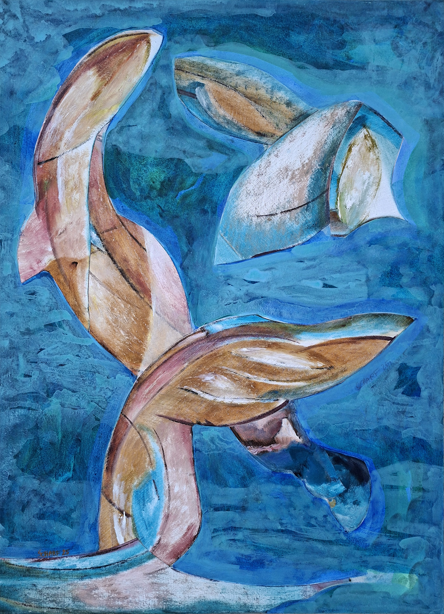 Nightingale, collage from the Cutting the Edge series 2025, oil and acrylic paint on grey cardboard, 100 x 70 cm, artist: Isabella Scharf-Minichmair