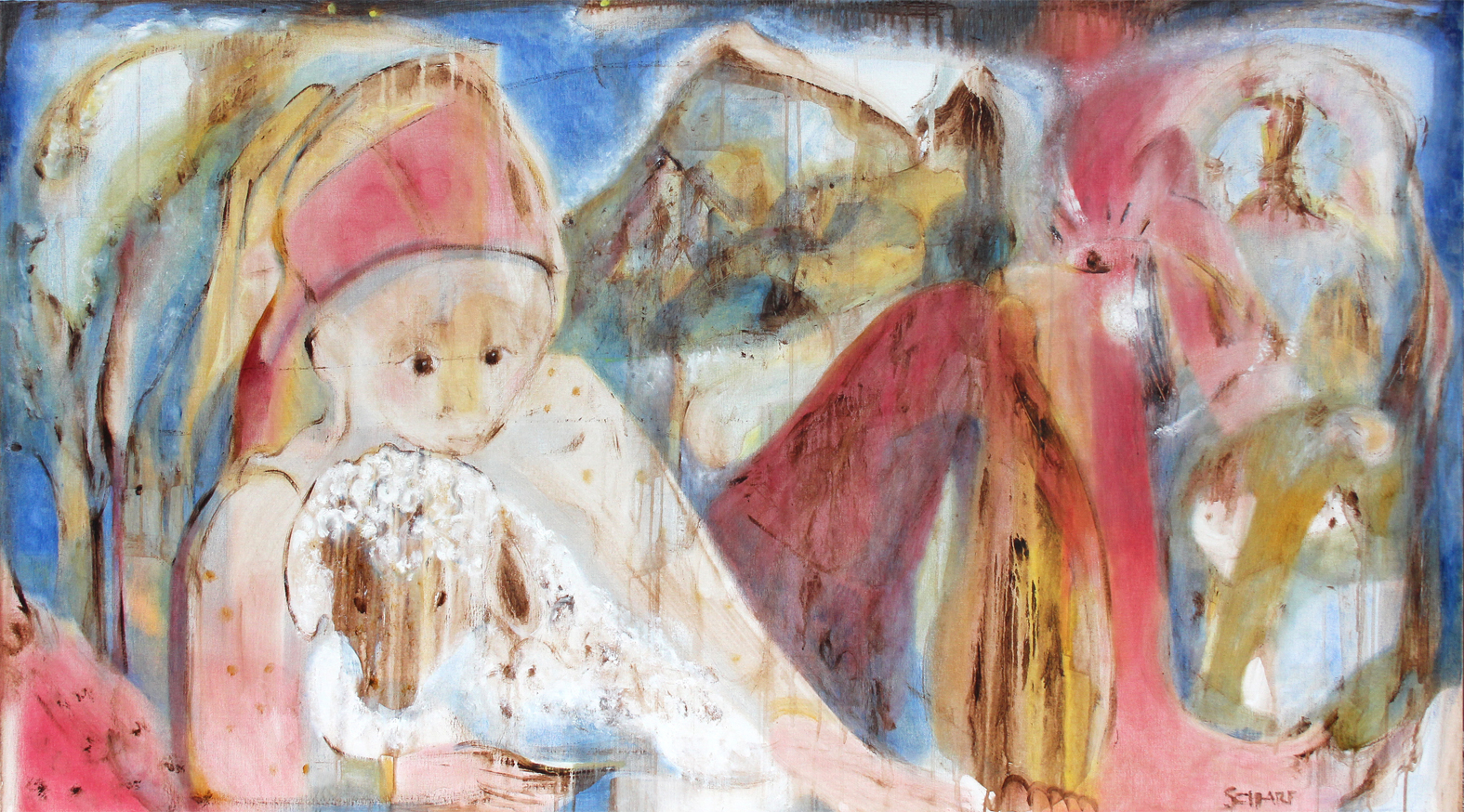 THE GIRL, THE LAMB and THE DOG, Lichtungen Series, 2022, Oil on Cancas, 100 x 180 cm, Artist: Isabella Scharf-Minichmair