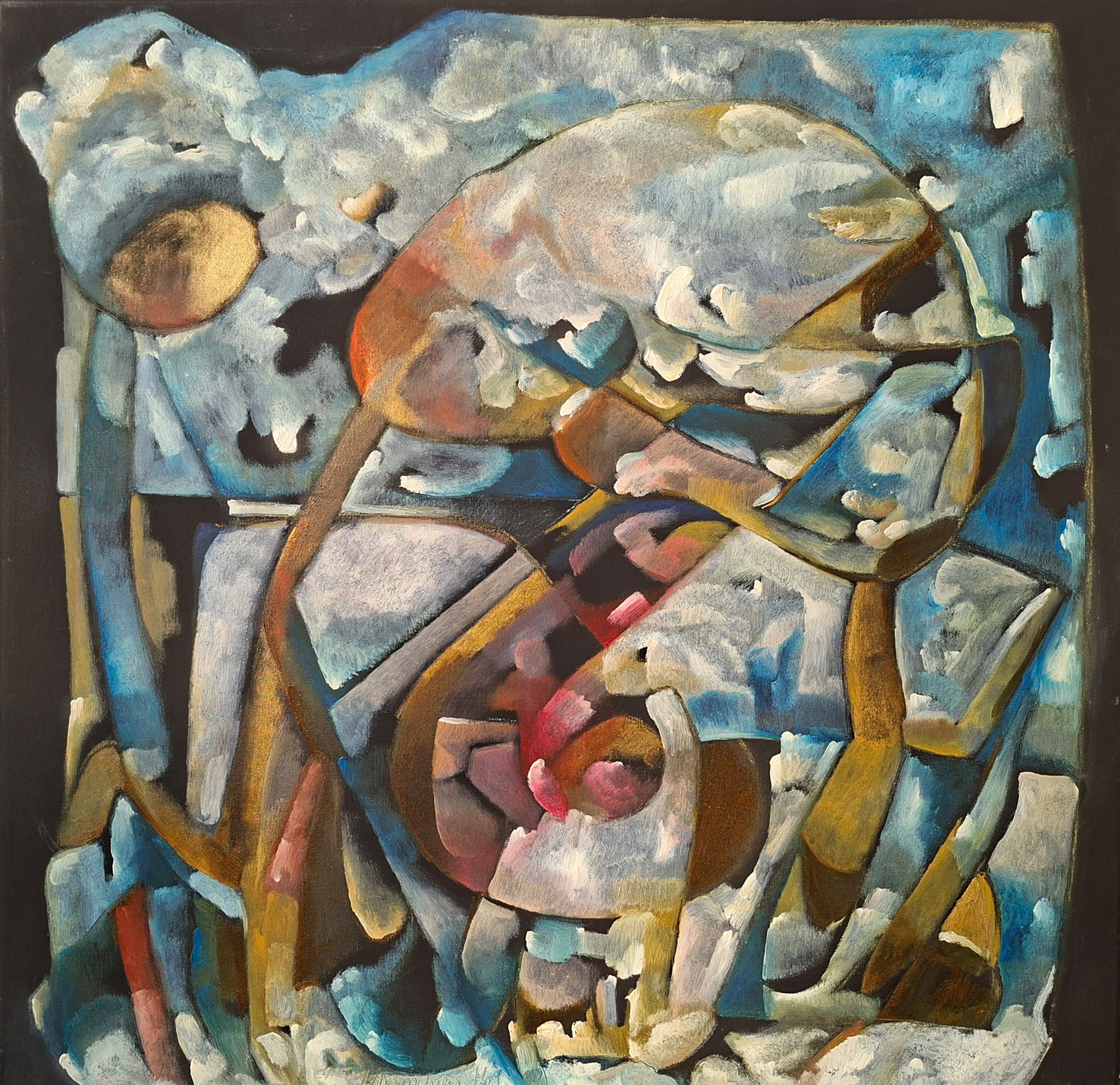 Gemälde der Künstlerin Isabella Scharf Minichmair, das die Farbkraft des  frühen Winters in den österreichischen Alpen thematisiert. 